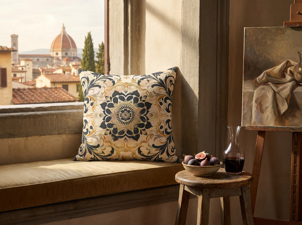 Renaissance Reverie square throw pillow in its unique interior setting