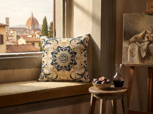 Renaissance Reverie square throw pillow in its unique interior setting