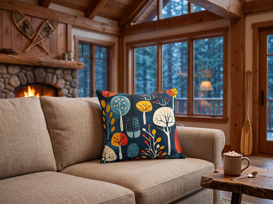 Retro Forest square throw pillow in its unique interior setting