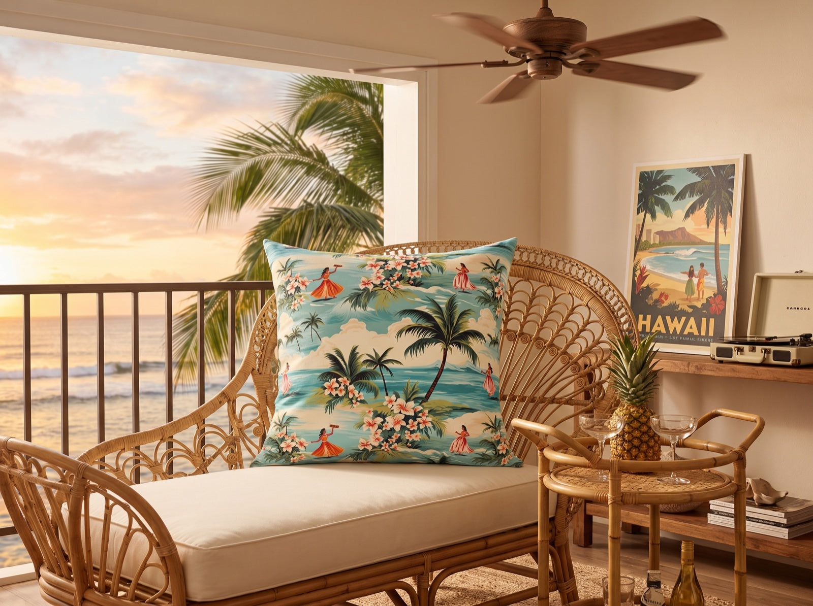 Retro Hawaiian Hula square throw pillow in its unique interior setting