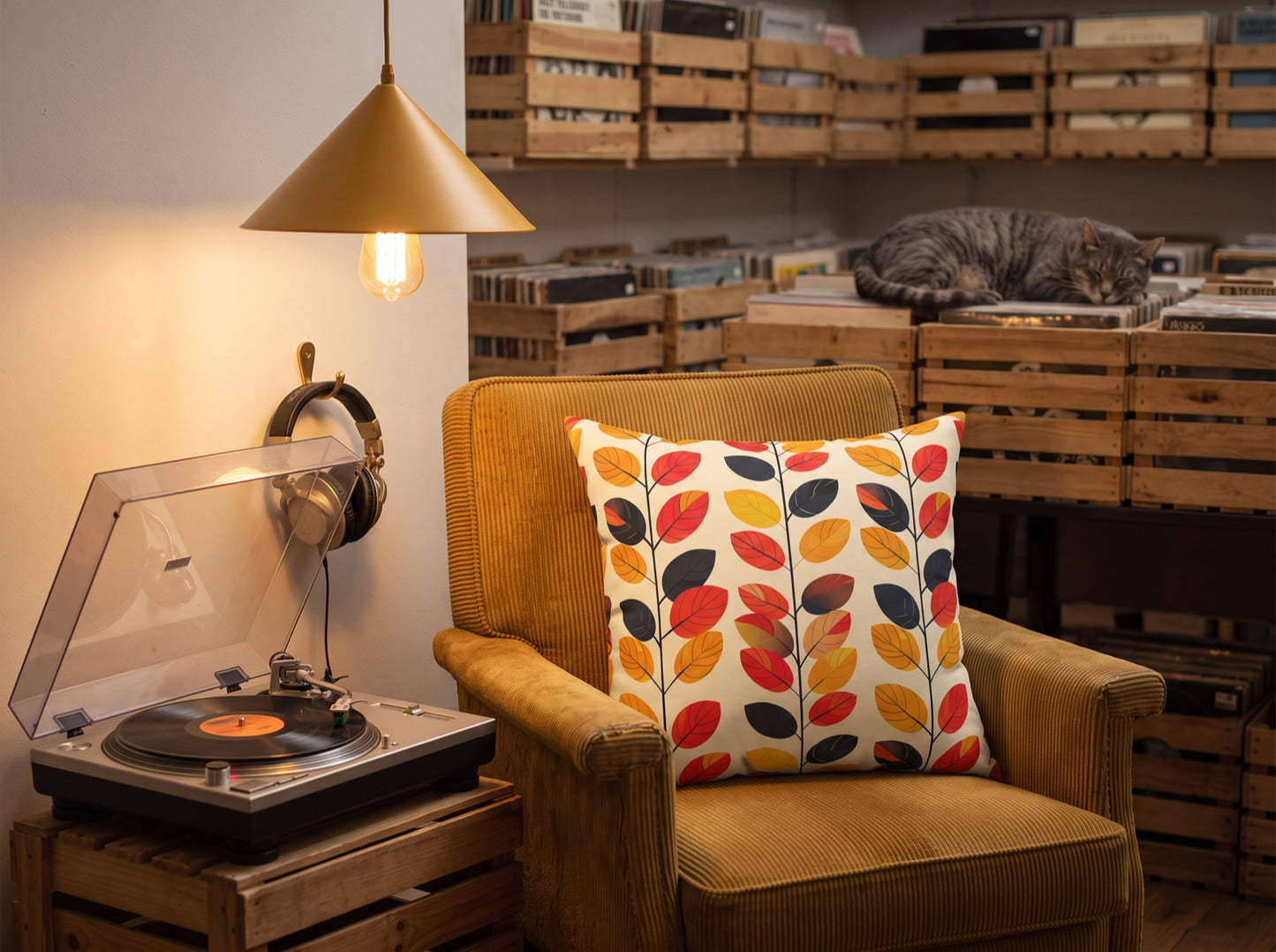 Retro Vines square throw pillow in its unique interior setting