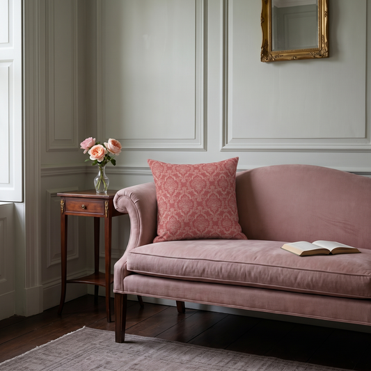 Rose Reverie Square Throw Pillow in a softly elegant Georgian drawing room