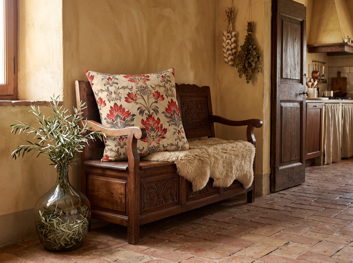 Rustic Scroll square throw pillow in its unique interior setting