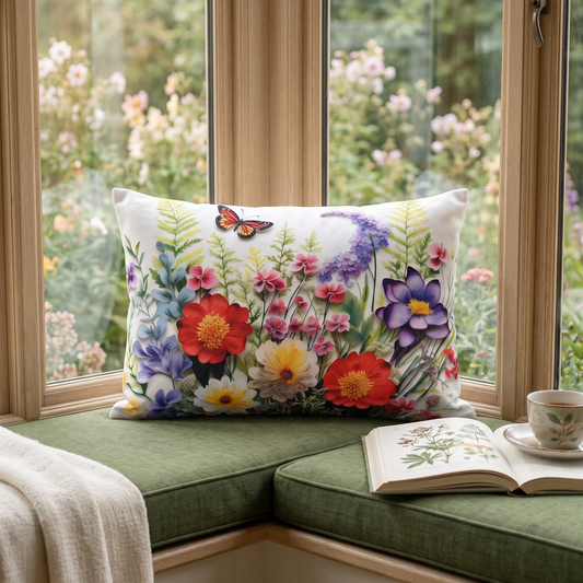 Serene Sunlit Meadow lumbar pillow with resized floral meadow artwork in a sunlit garden conservatory