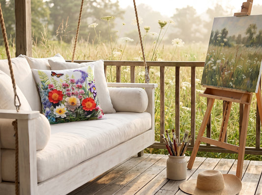 Serene Sunlit Meadow square throw pillow in its unique interior setting
