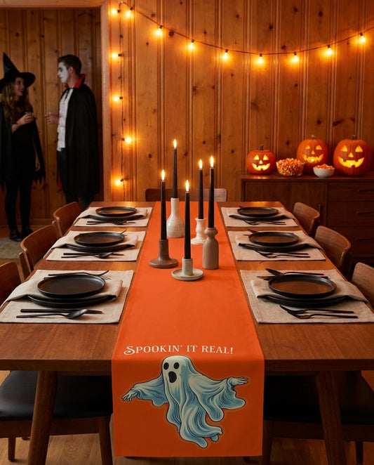 Spookin' It Real! Orange Halloween table runner styled straight-on with matching placemats and napkins