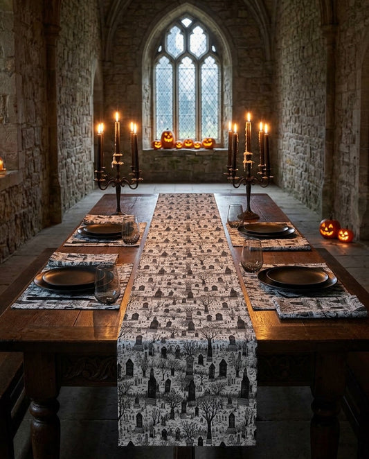 Spooky Gothic Cemetery Chic Halloween table runner styled straight-on with matching placemats and napkins