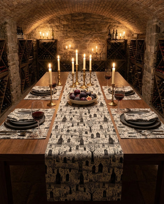 Spooky Gothic Cemetery Chic table runner styled straight-on with matching placemats and napkins