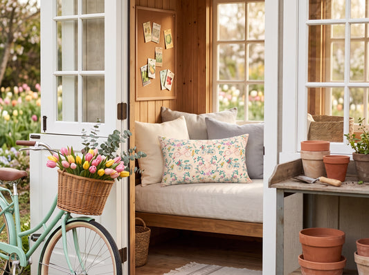Spring Bicycle lumbar pillow in a sunny garden room