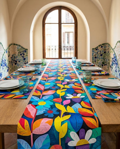Rhapsody in Bloom placemat styled with the matching table runner and napkins