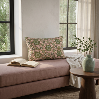 Springtime Petal Dance lumbar pillow in a sunlit conservatory reading alcove