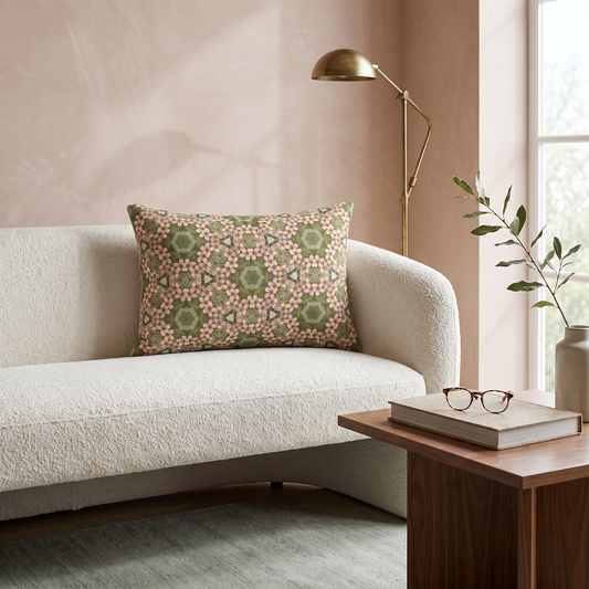 Springtime Petal Dance lumbar pillow with corrected 21.5-inch floral pattern in a blush living room