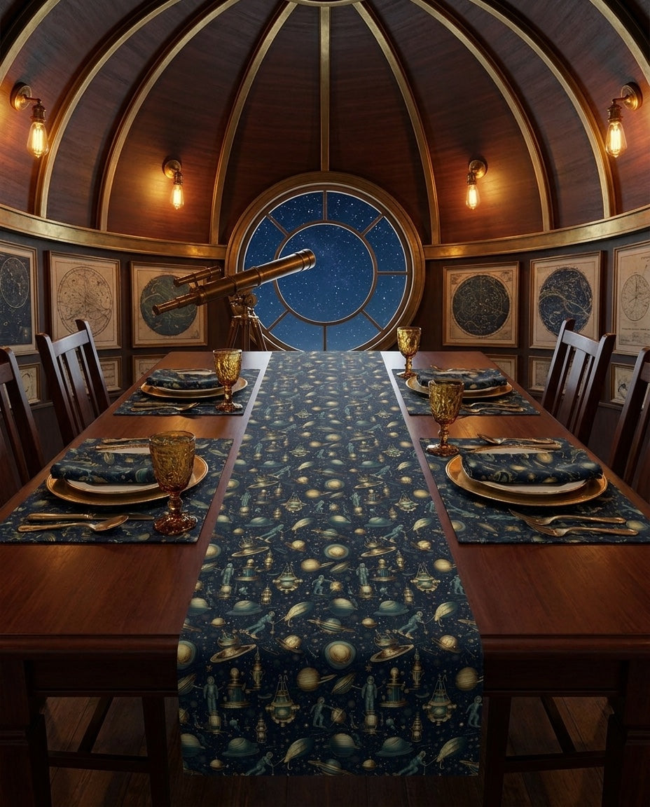 Steampunk Space Explorer table runner styled straight-on with matching placemats and napkins