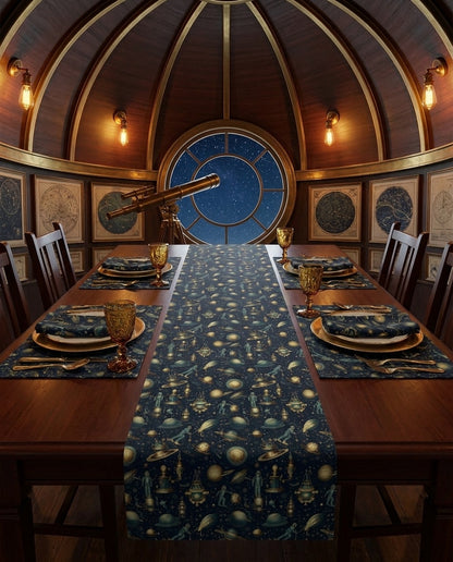 Steampunk Space Explorer table runner styled straight-on with matching placemats and napkins