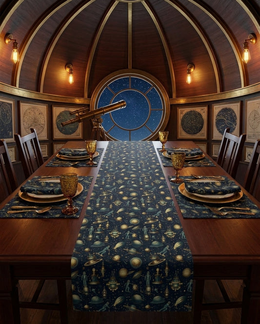 Steampunk Space Explorer table runner styled straight-on with matching placemats and napkins