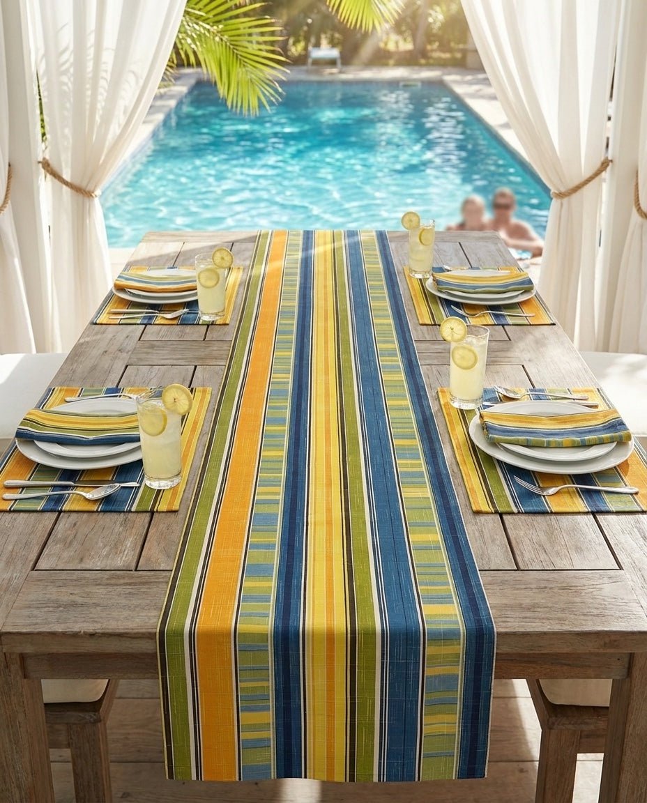 Summer Stripes Delight table runner styled straight-on with matching placemats and napkins