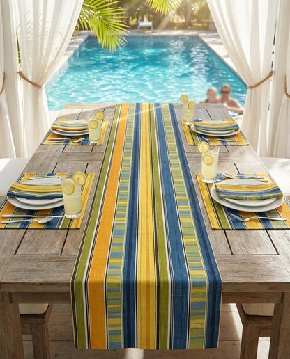 Summer Stripes Delight table runner styled straight-on with matching placemats and napkins
