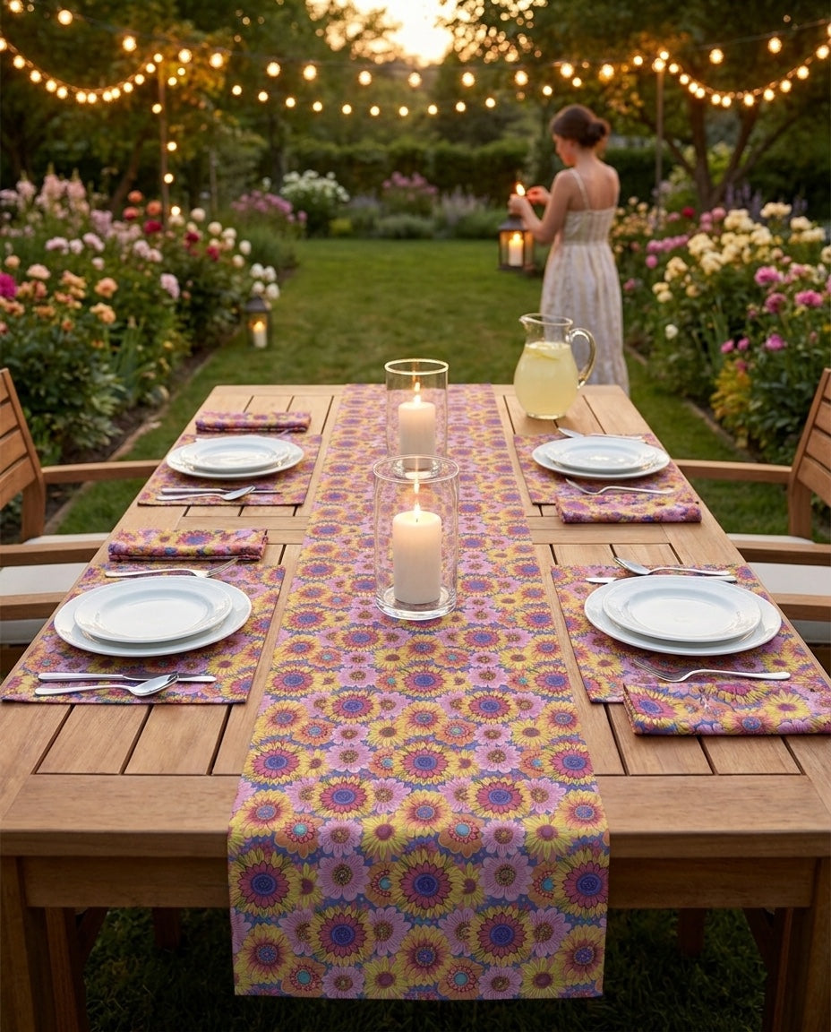 Sunny Garden Soiree napkins styled with the matching placemats and table runner