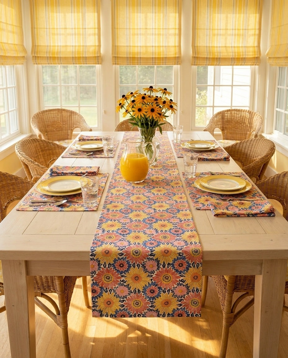 Sunsplash Petals napkins styled with the matching placemats and table runner