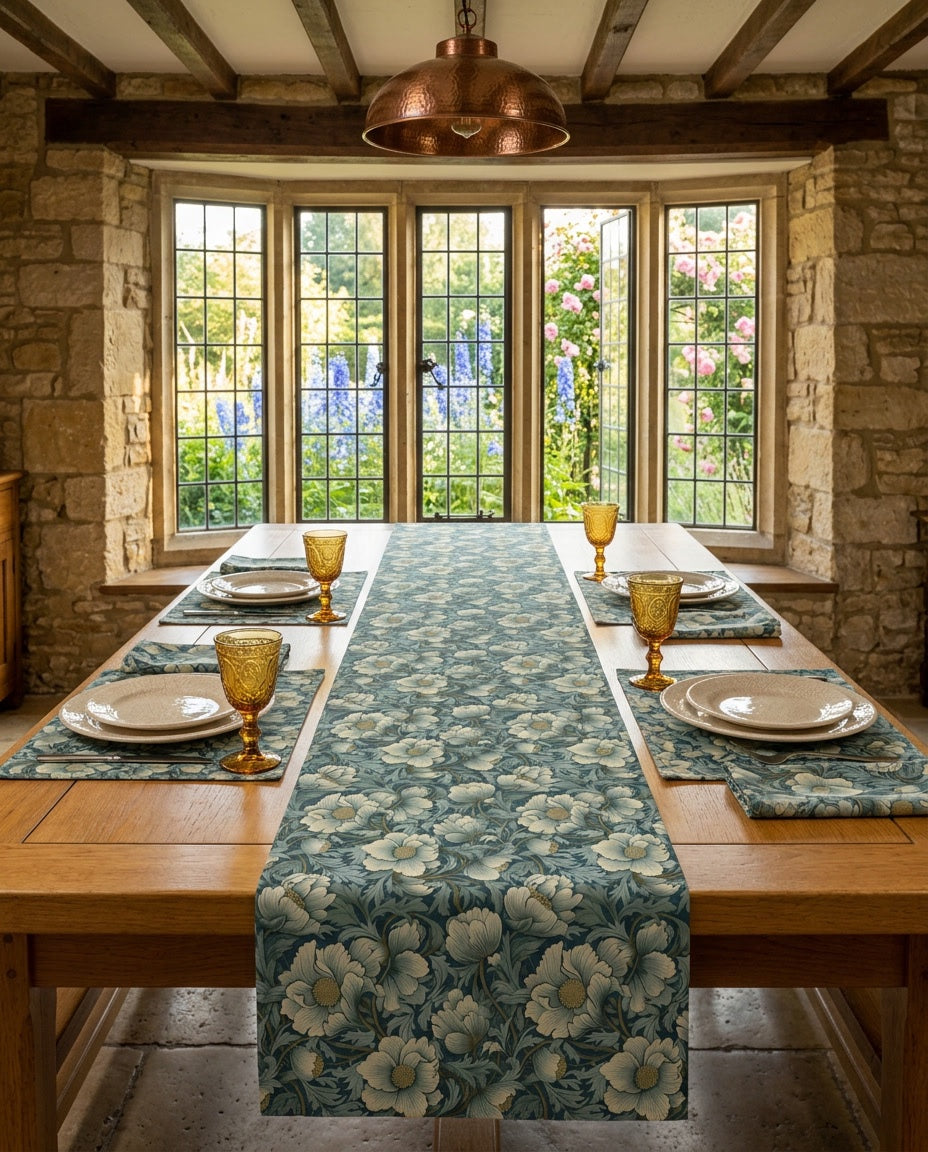 Timeless Teal English Garden table runner styled straight-on with matching placemats and napkins