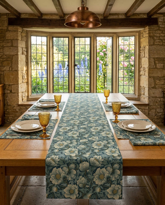 Timeless Teal English Garden table runner styled straight-on with matching placemats and napkins