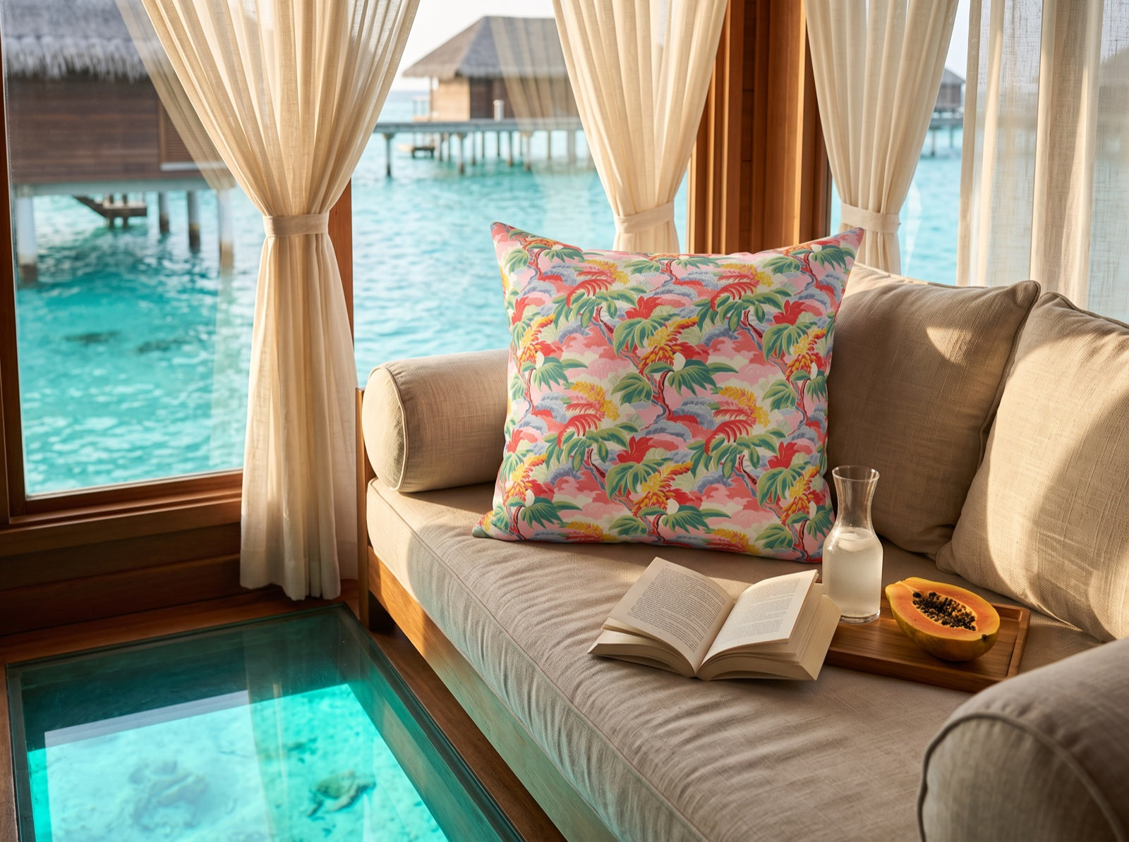 Tropical Breeze square throw pillow in its unique interior setting