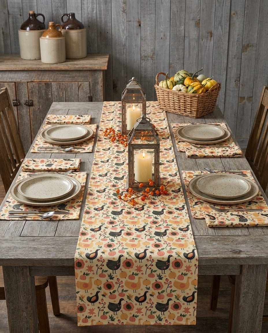 Turkey Trot Harvest napkins styled with the matching placemats and table runner