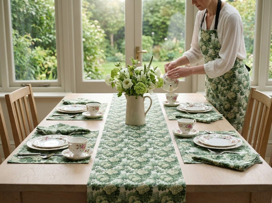 Vintage Green Hydrangea table runner styled straight-on with matching placemats and napkins