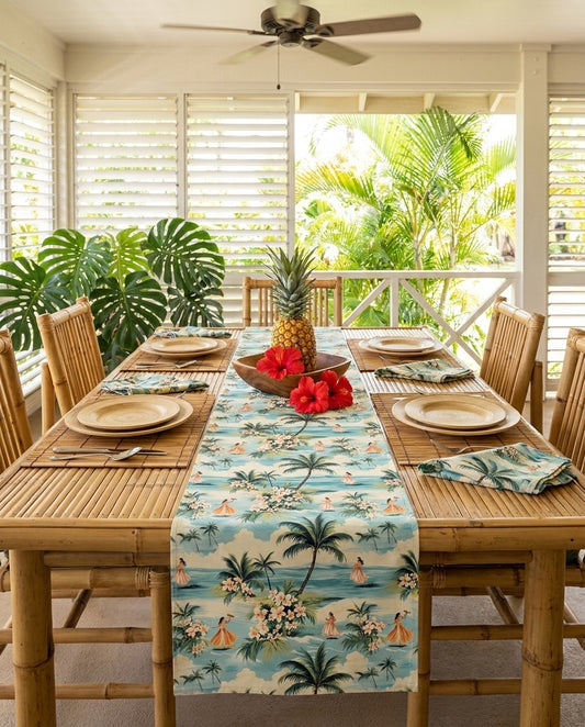 Retro Hawaiian Hula table runner styled straight-on with matching placemats and napkins