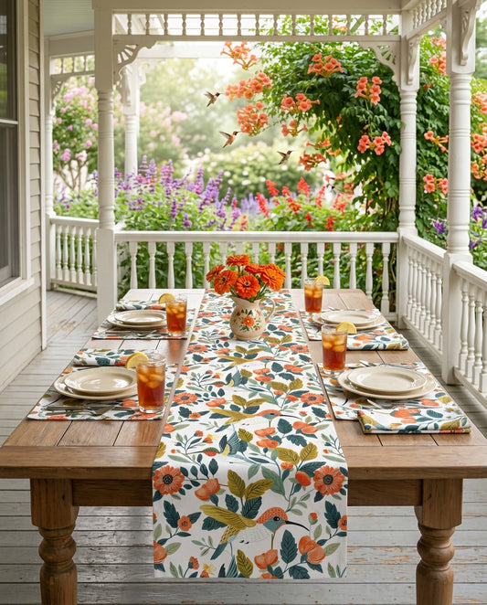 Hummingbird Harmony table runner styled straight-on with matching placemats and napkins