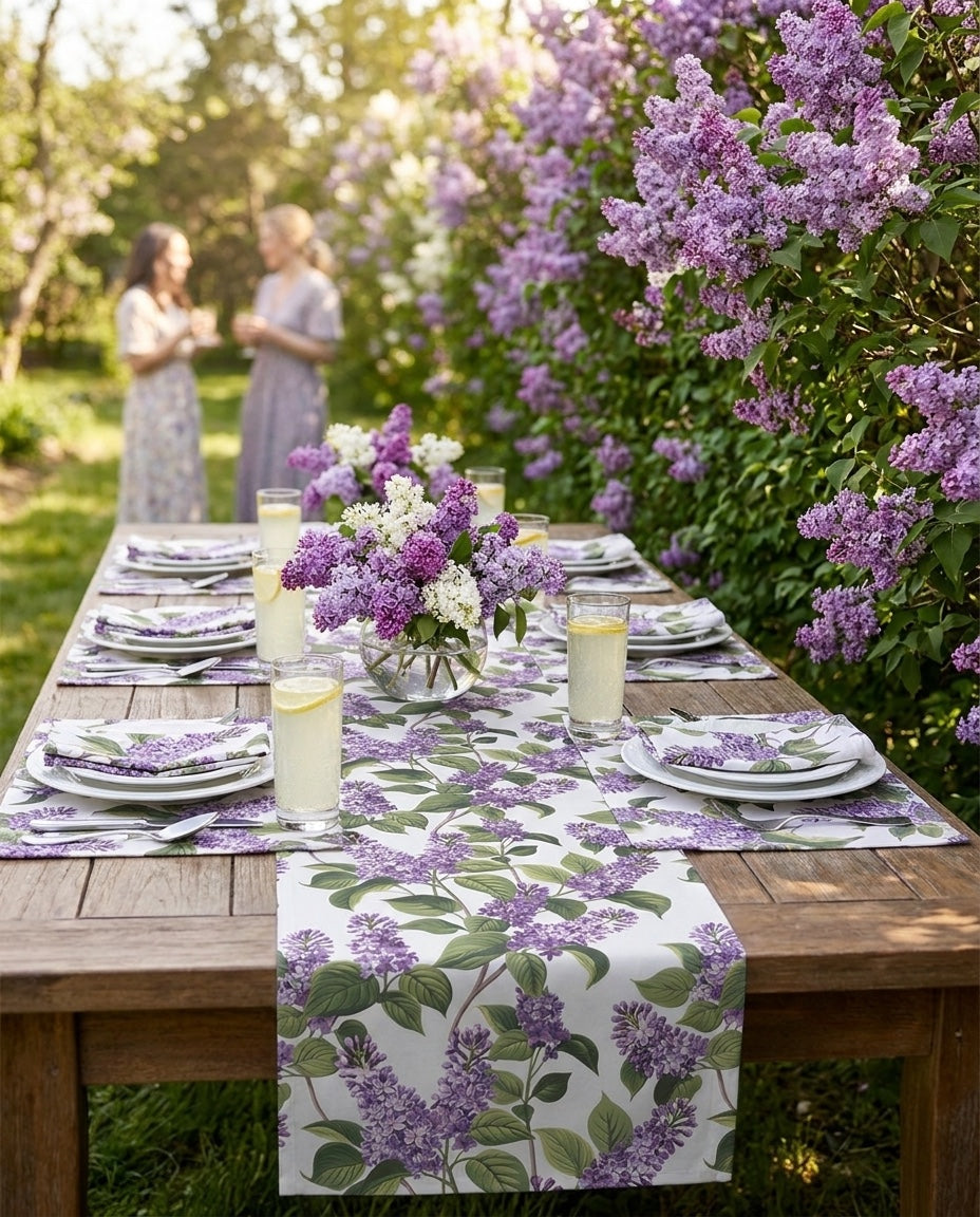 I Love Lilacs table runner styled straight-on with matching placemats and napkins
