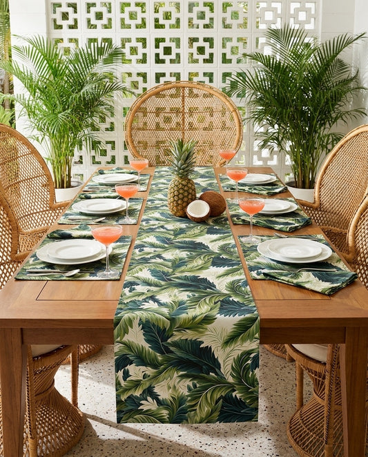 Island Green Ferns table runner styled straight-on with matching placemats and napkins