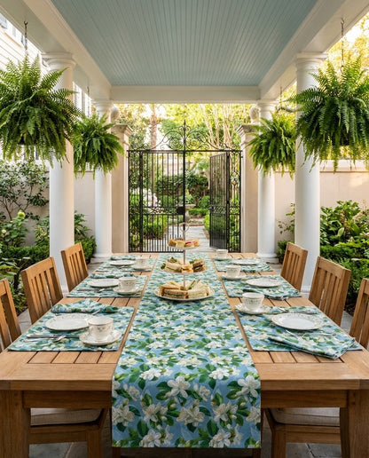 Jasmine Whisper table runner styled straight-on with matching placemats and napkins