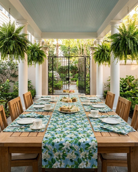 Jasmine Whisper table runner styled straight-on with matching placemats and napkins