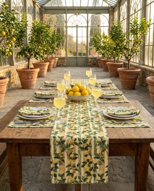 Lemon Grove Elegance table runner styled straight-on with matching placemats and napkins
