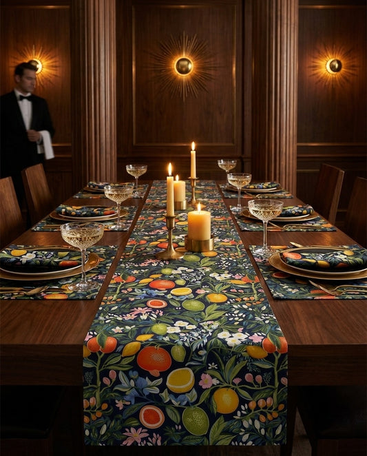 Magical Fruitiness table runner styled straight-on with matching placemats and napkins