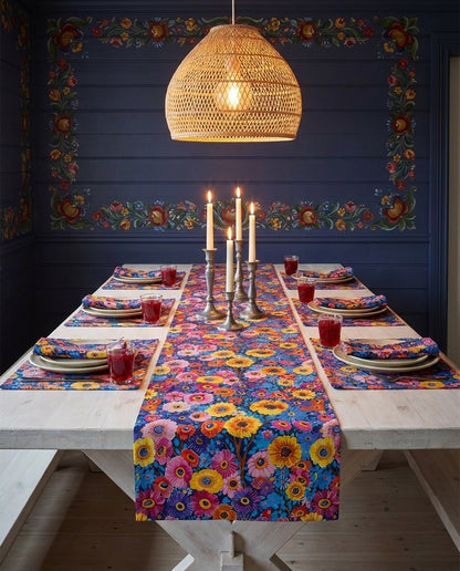 Midnight Garden Whimsy table runner styled straight-on with matching placemats and napkins