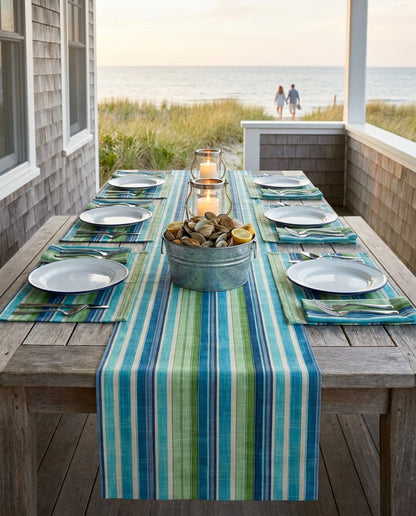 Ocean Whisper Stripes table runner styled straight-on with matching placemats and napkins