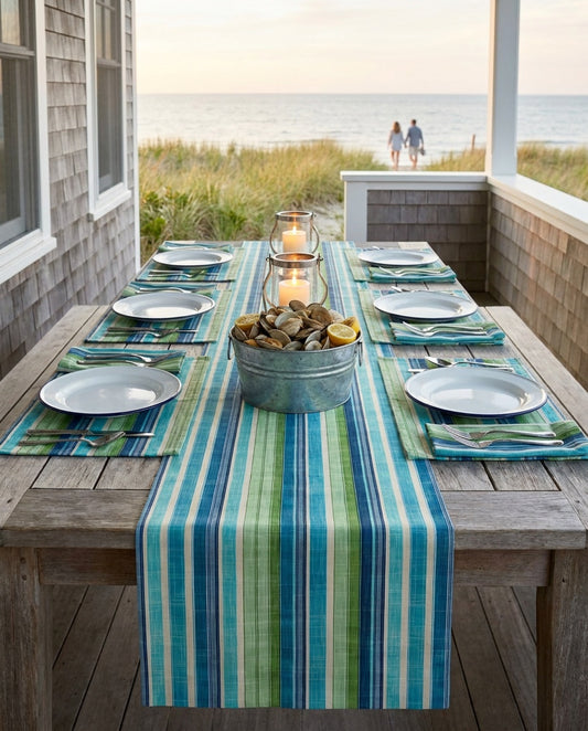 Ocean Whisper Stripes table runner styled straight-on with matching placemats and napkins