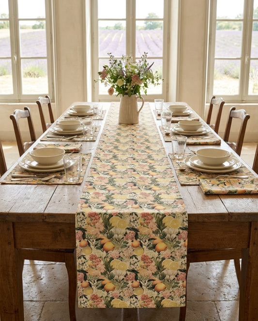 Old World Citrus Delight table runner styled straight-on with matching placemats and napkins