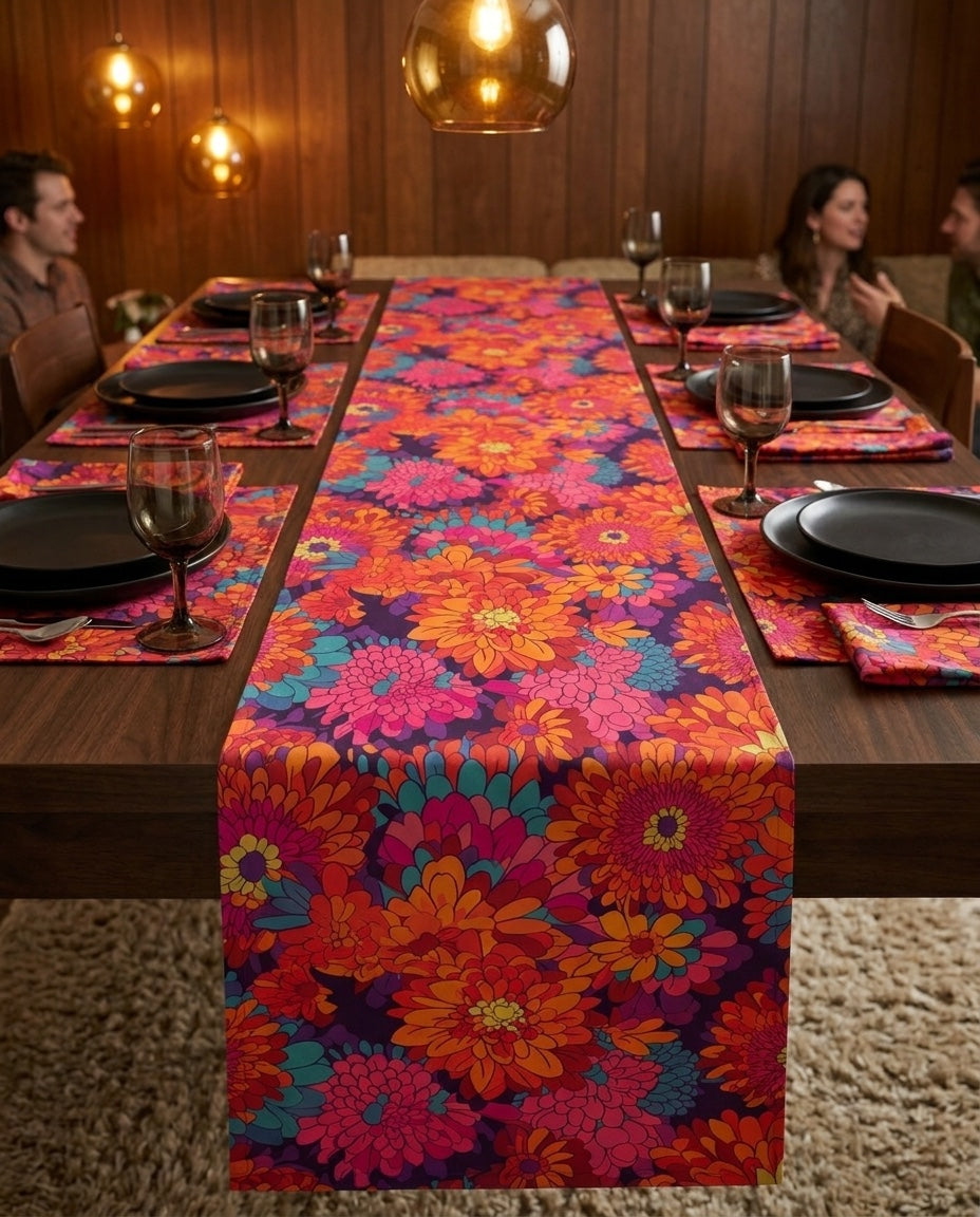 On Fire Flower Power table runner styled straight-on with matching placemats and napkins
