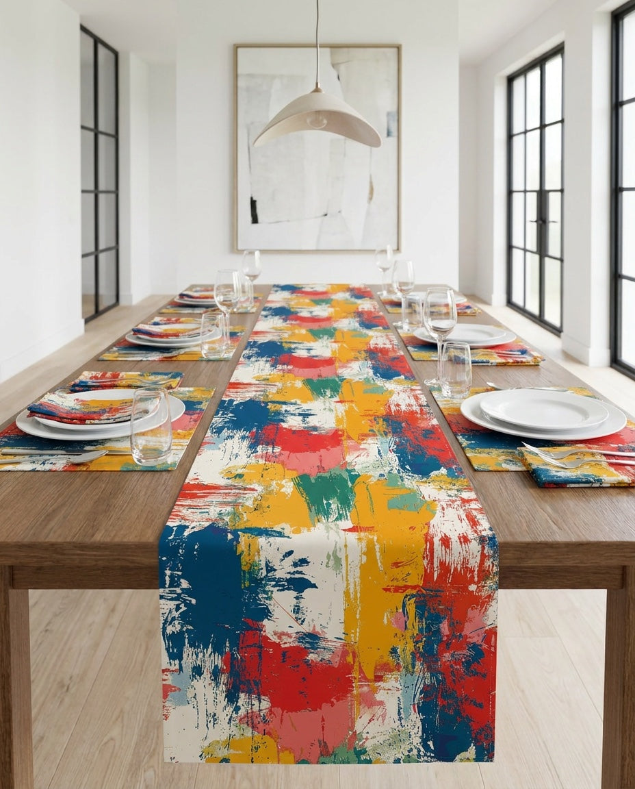 Paint Splash Palette table runner styled straight-on with matching placemats and napkins