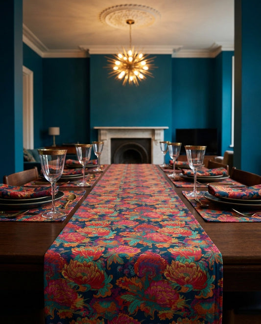 Psychedelic Flower Power table runner styled straight-on with matching placemats and napkins