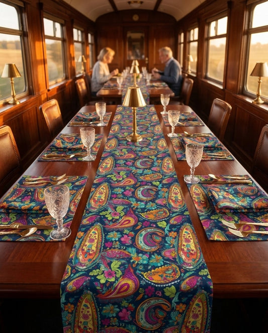 Psychedelic Paisley Party table runner styled straight-on with matching placemats and napkins