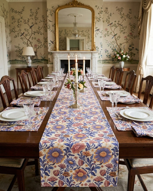 Regal Blossom table runner styled straight-on with matching placemats and napkins
