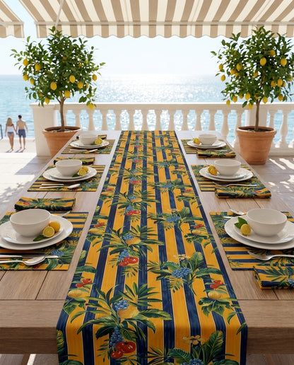 Riviera Fruitscape table runner styled straight-on with matching placemats and napkins