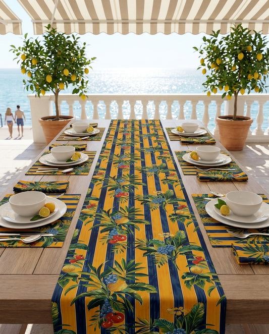 Riviera Fruitscape table runner styled straight-on with matching placemats and napkins