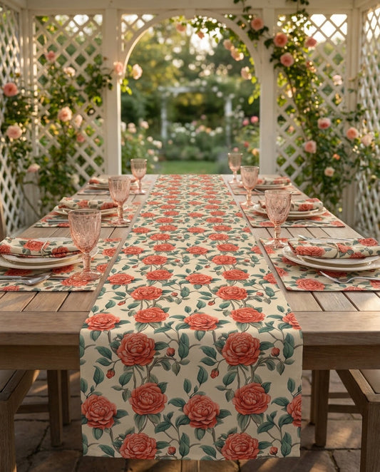 Romantic Rose table runner styled straight-on with matching placemats and napkins