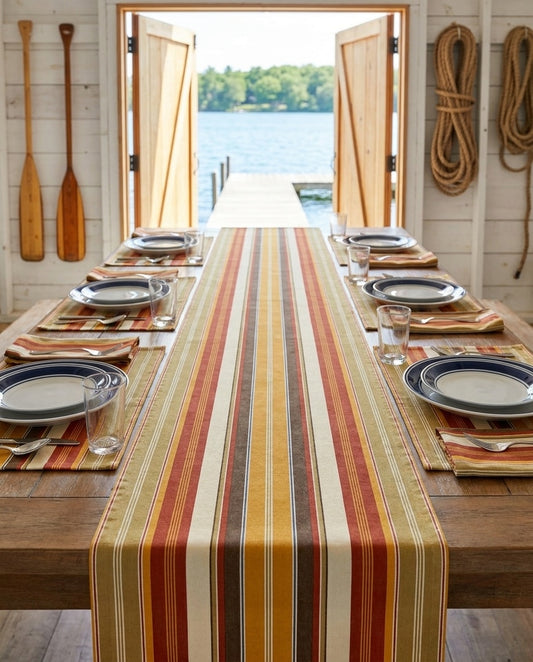 Royal Stripes Delight table runner styled straight-on with matching placemats and napkins
