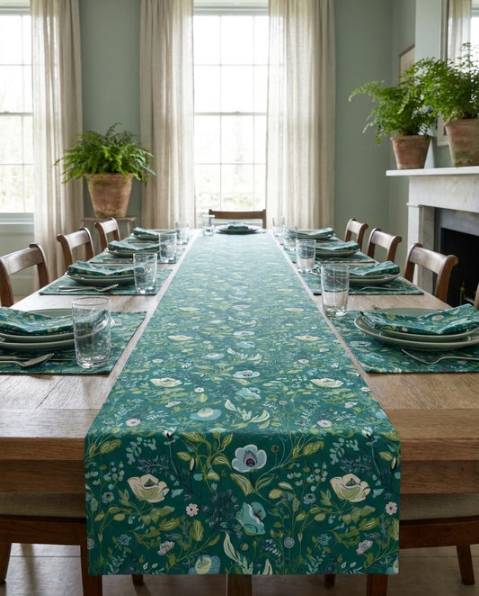 Serene Green Floral table runner styled straight-on with matching placemats and napkins